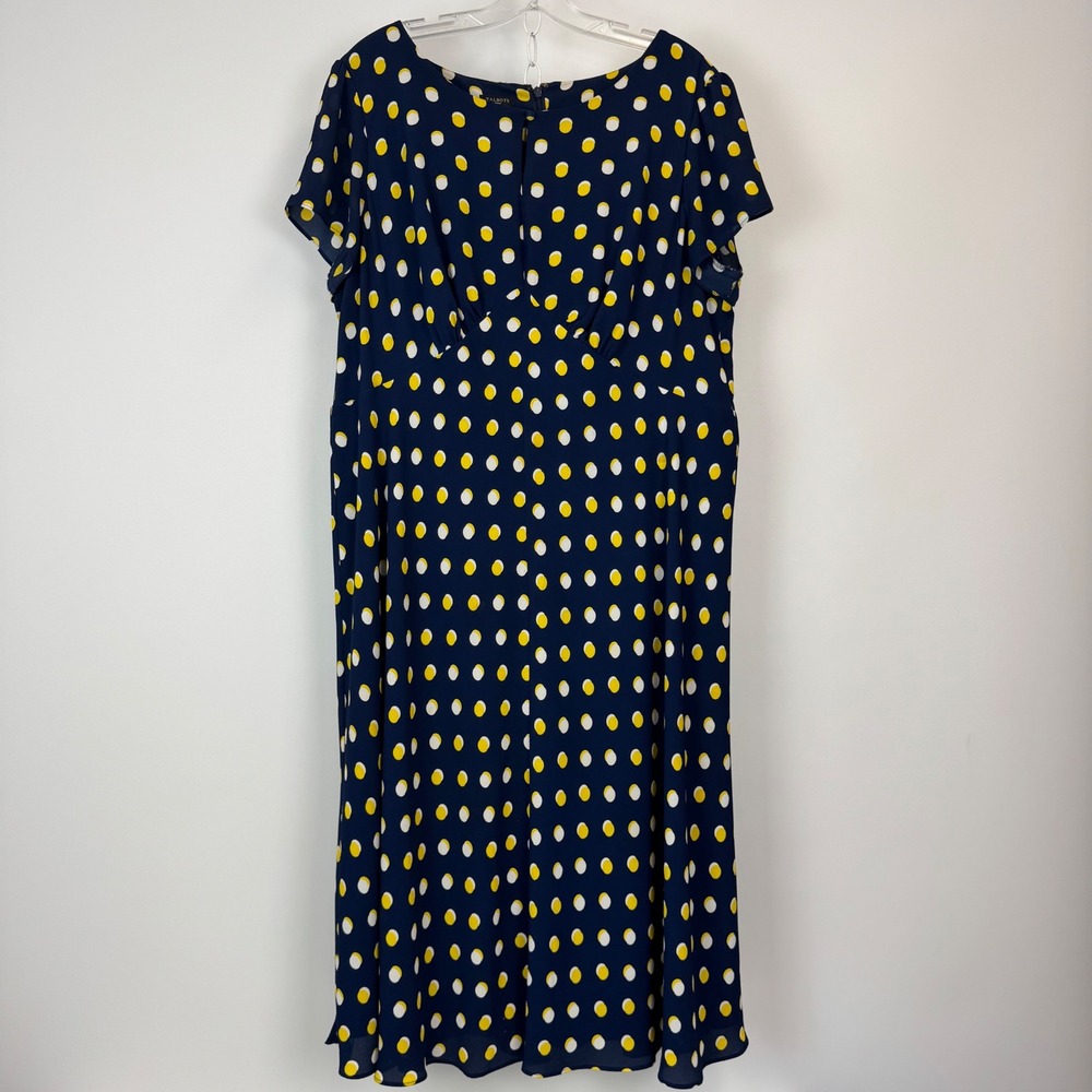 Talbots Woman 14W Navy Blue‎ Yellow White Polka Dot Short Sleeve Midi Dress